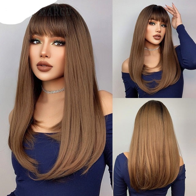 Synthetic Wig with Bangs Layered Natural Straight Wig for Women