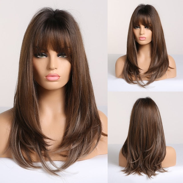 Synthetic Wig with Bangs Layered Natural Straight Wig for Women
