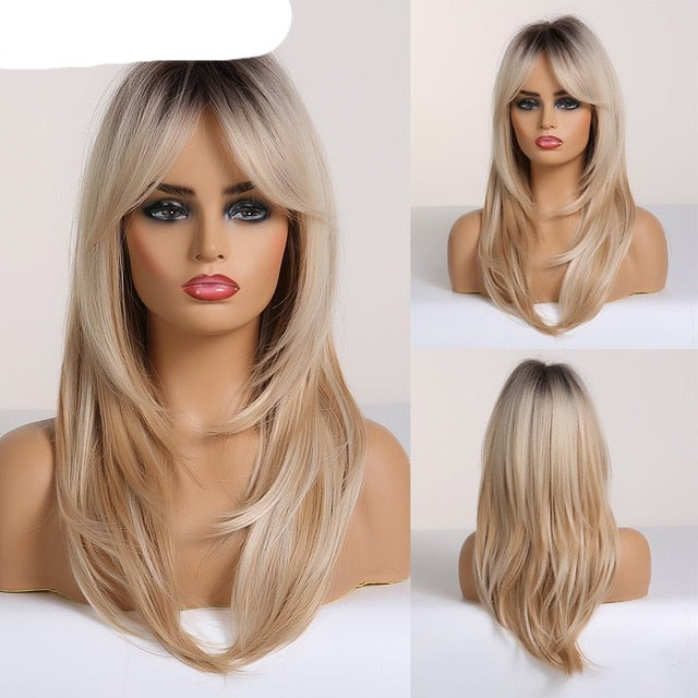 Synthetic Wig with Bangs Layered Natural Straight Wig for Women