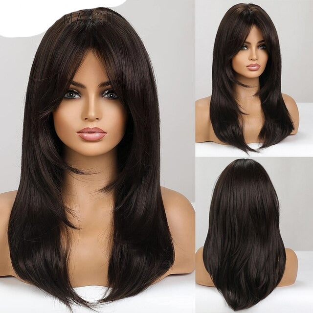 Synthetic Wig with Bangs Layered Natural Straight Wig for Women