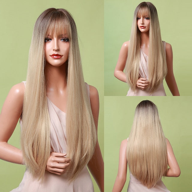 Synthetic Wig with Bangs Layered Natural Straight Wig for Women