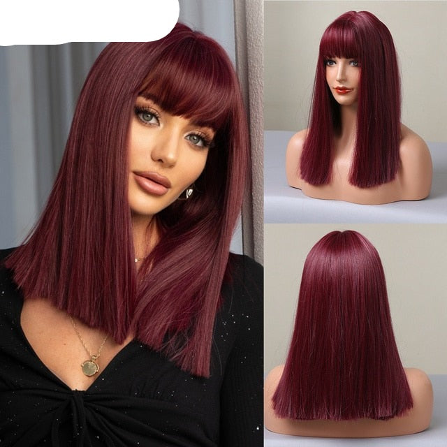 Synthetic Wig with Bangs Layered Natural Straight Wig for Women