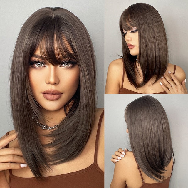 Synthetic Wig with Bangs Layered Natural Straight Wig for Women
