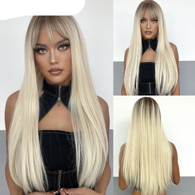 Synthetic Wig with Bangs Layered Natural Straight Wig for Women