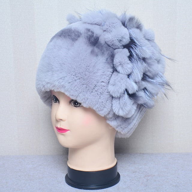 Fur Flowers Hat Winter Warm Handmade Beanies