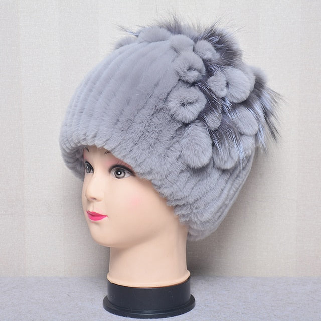 Fur Flowers Hat Winter Warm Handmade Beanies