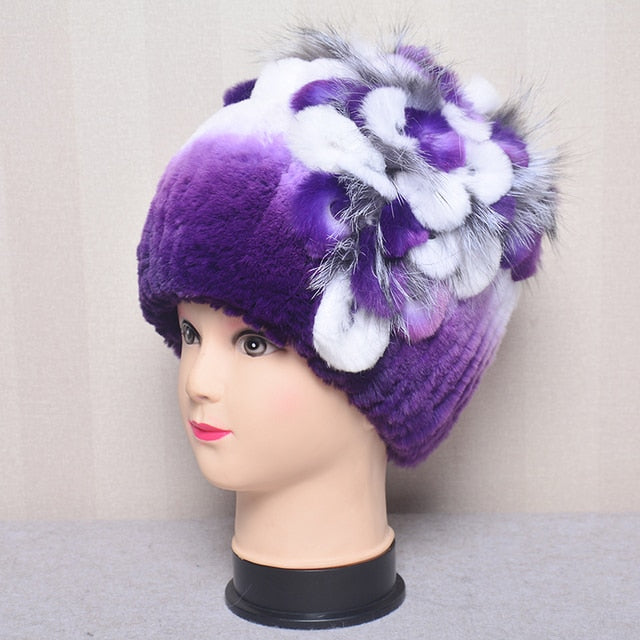 Fur Flowers Hat Winter Warm Handmade Beanies