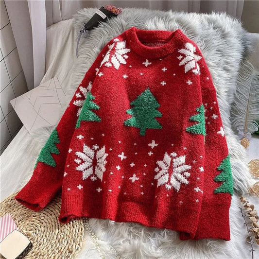 Sweater Women Christmas Red Pullover Knitwear Korean Loose Fluffy Top