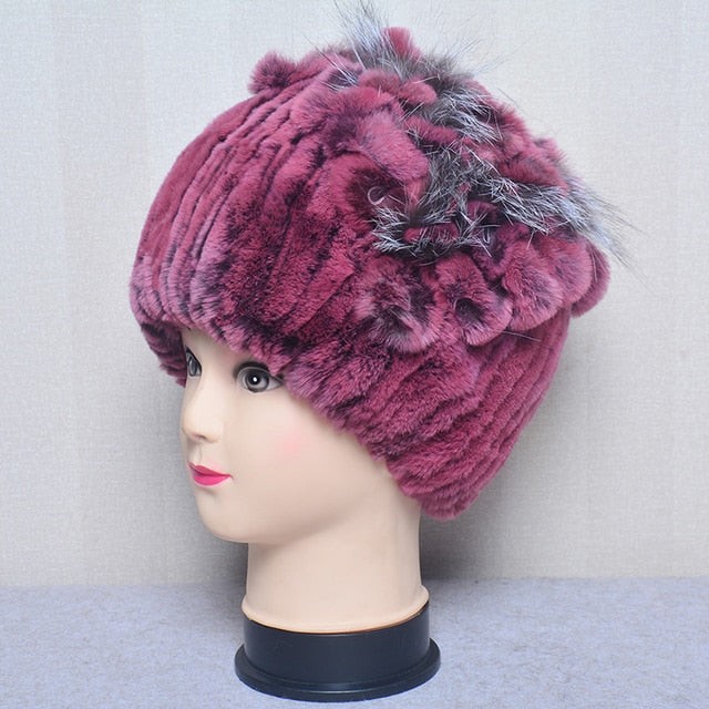 Fur Flowers Hat Winter Warm Handmade Beanies