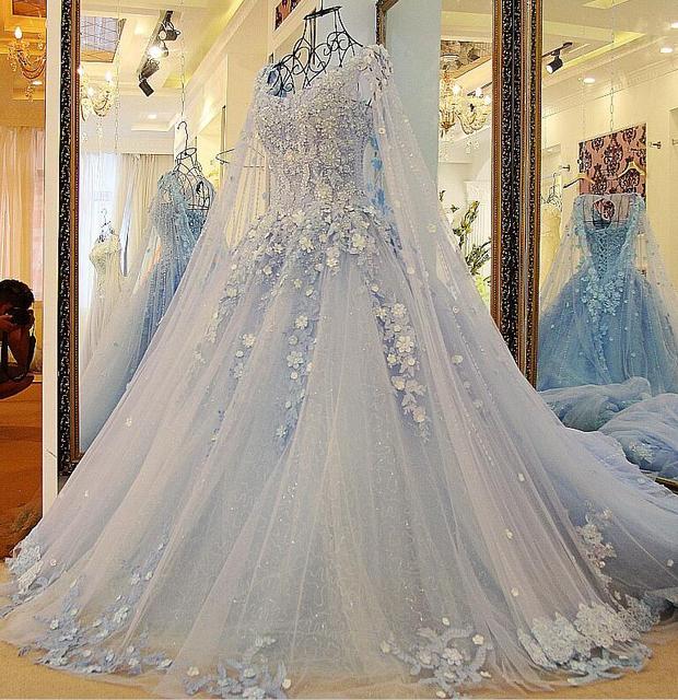 Lace Appliqued Pearls Wedding Dress