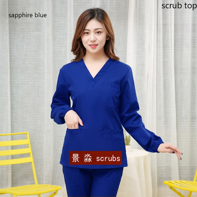 Medical Uniform Long Sleeve V-neck with Chest Pocket Scrub Top