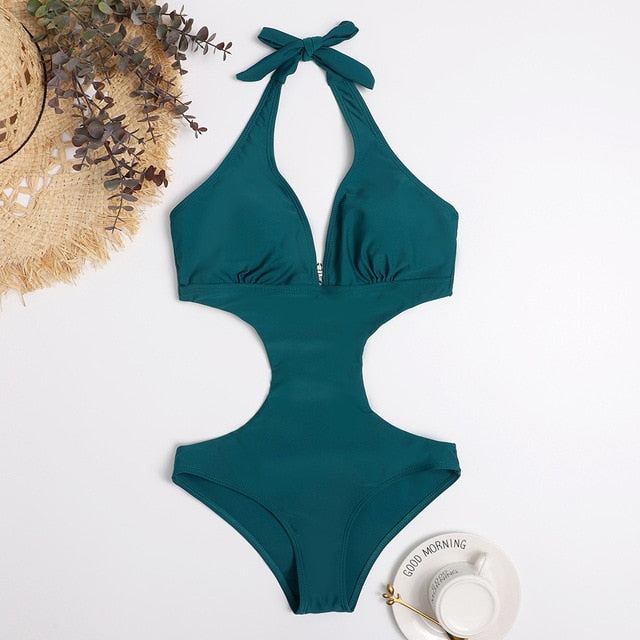 Deep V Halter Backless Monokini - Bathing Suit