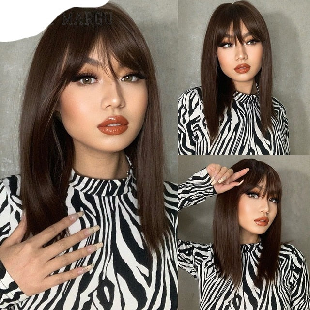 Synthetic Wig with Bangs Layered Natural Straight Wig for Women
