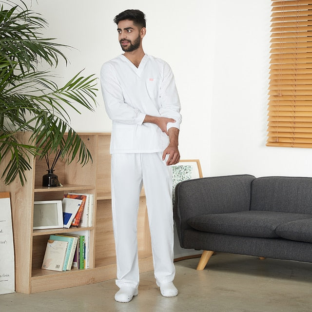 Long-sleeve Medical Uniform Top + Elastic Pants Scrub Set