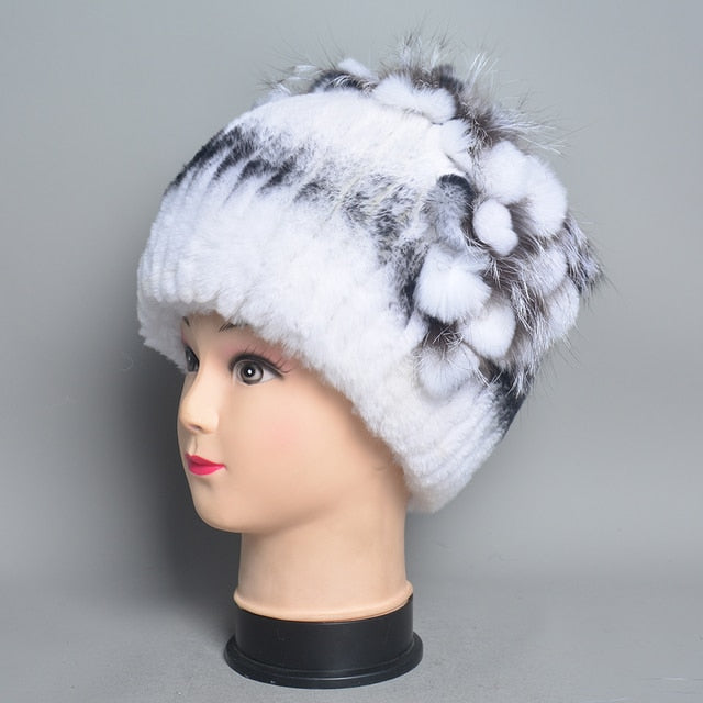 Fur Flowers Hat Winter Warm Handmade Beanies
