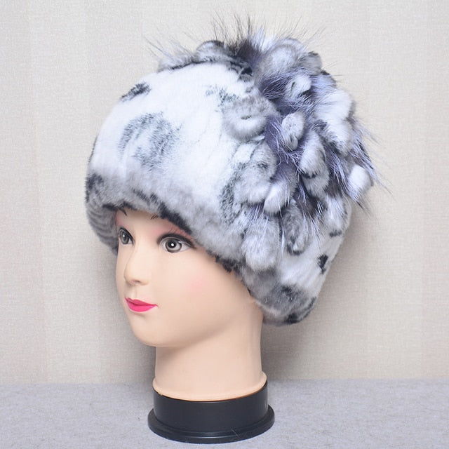 Fur Flowers Hat Winter Warm Handmade Beanies
