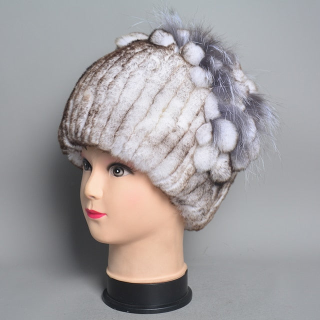 Fur Flowers Hat Winter Warm Handmade Beanies