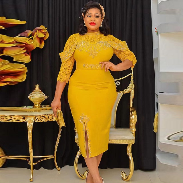 Dashiki Lace Sleeve Maxi Robe Elegant Dress for Women Plus Size