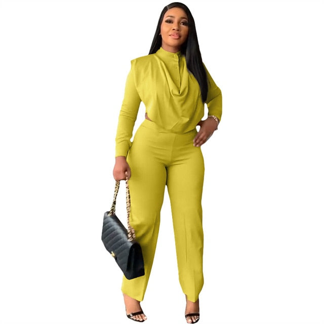 Office Lady Ruched Crop Top And Pants Suit 2 Piece Set