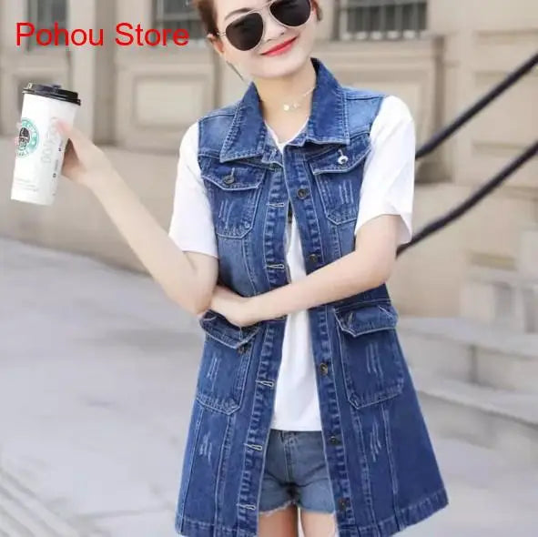 Multiple Styles Denim Sleeveless Casual Blue Hole Jacket Vest Coat Women