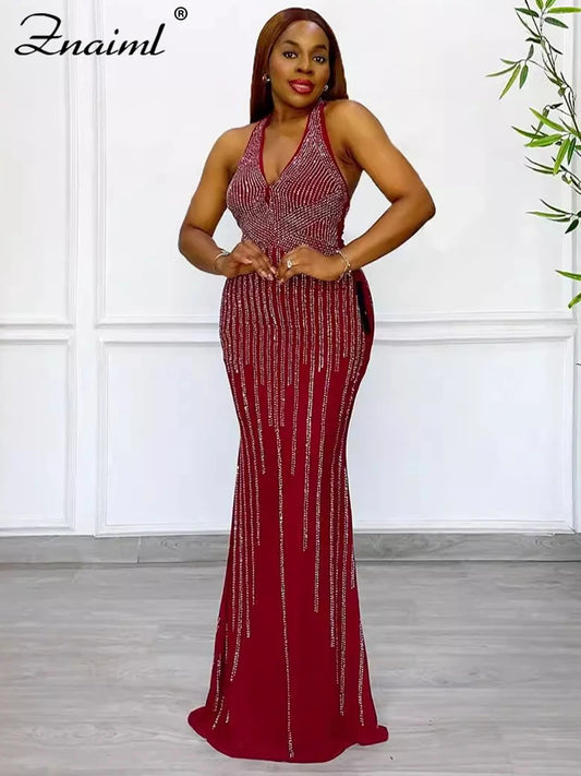 Elegant Luxury Evening Long Dresses Women Sexy Sleeveless Rhinestone Birthday Mermaid Dress