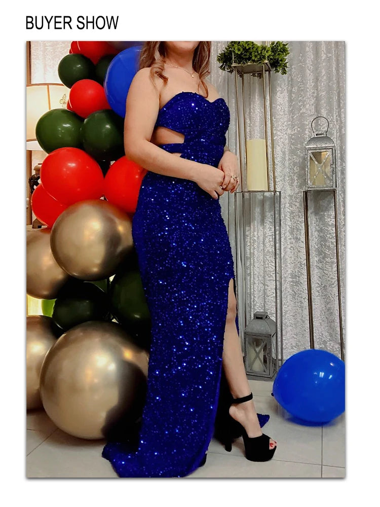Backless Velvet Sequin Sleeveless Stretch Women Dresses Split Strapless Evening Prom Gown Summer Party Dress