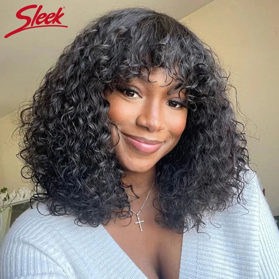 Brazilian Jerry Curly Short Bob Human Hair Wigs With Bangs Full Machine Wig Human Hair Wig Highlight Water Wave Wig For Women