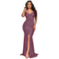 Elegant Maxi Evening Dress, Satin Banquet V Neck Sexy Spring Summer Split Dress, Female Luxury Trailing Long Party Dress