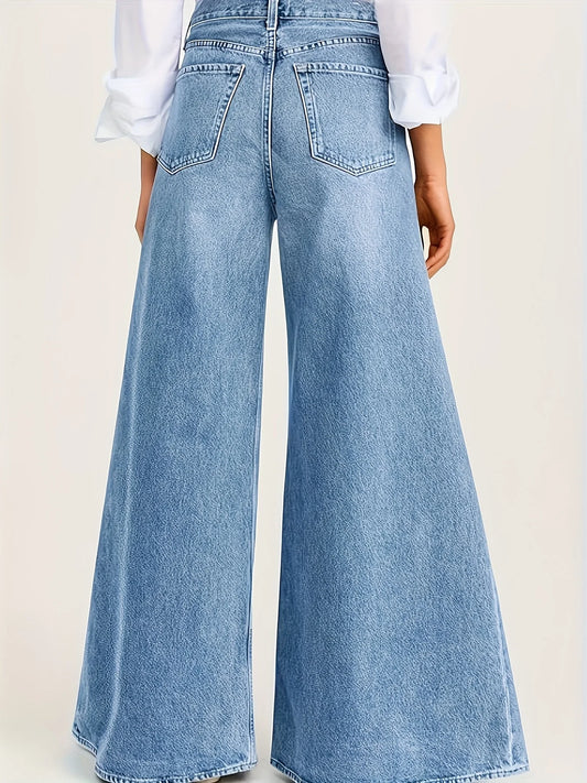 High-waisted light blue faded loose A-line wide-leg women's jeans