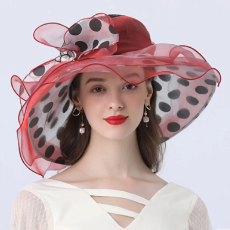 Elegant Women’s Organza Sun Hat – Vintage Wide Brim Fedora with Large Flower, Summer Church & Party Hat
