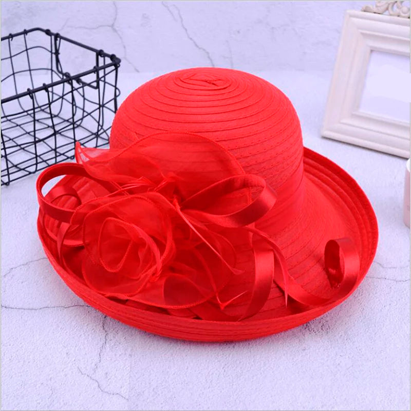 Elegant Satin Feather Women’s Sun Hat – Wide Brim UV Protection Summer Beach Cap for Wedding, Party, Church & Kentucky Derby