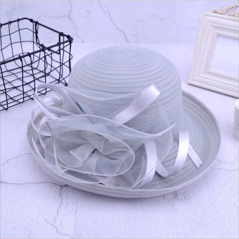 Elegant Satin Feather Women’s Sun Hat – Wide Brim UV Protection Summer Beach Cap for Wedding, Party, Church & Kentucky Derby