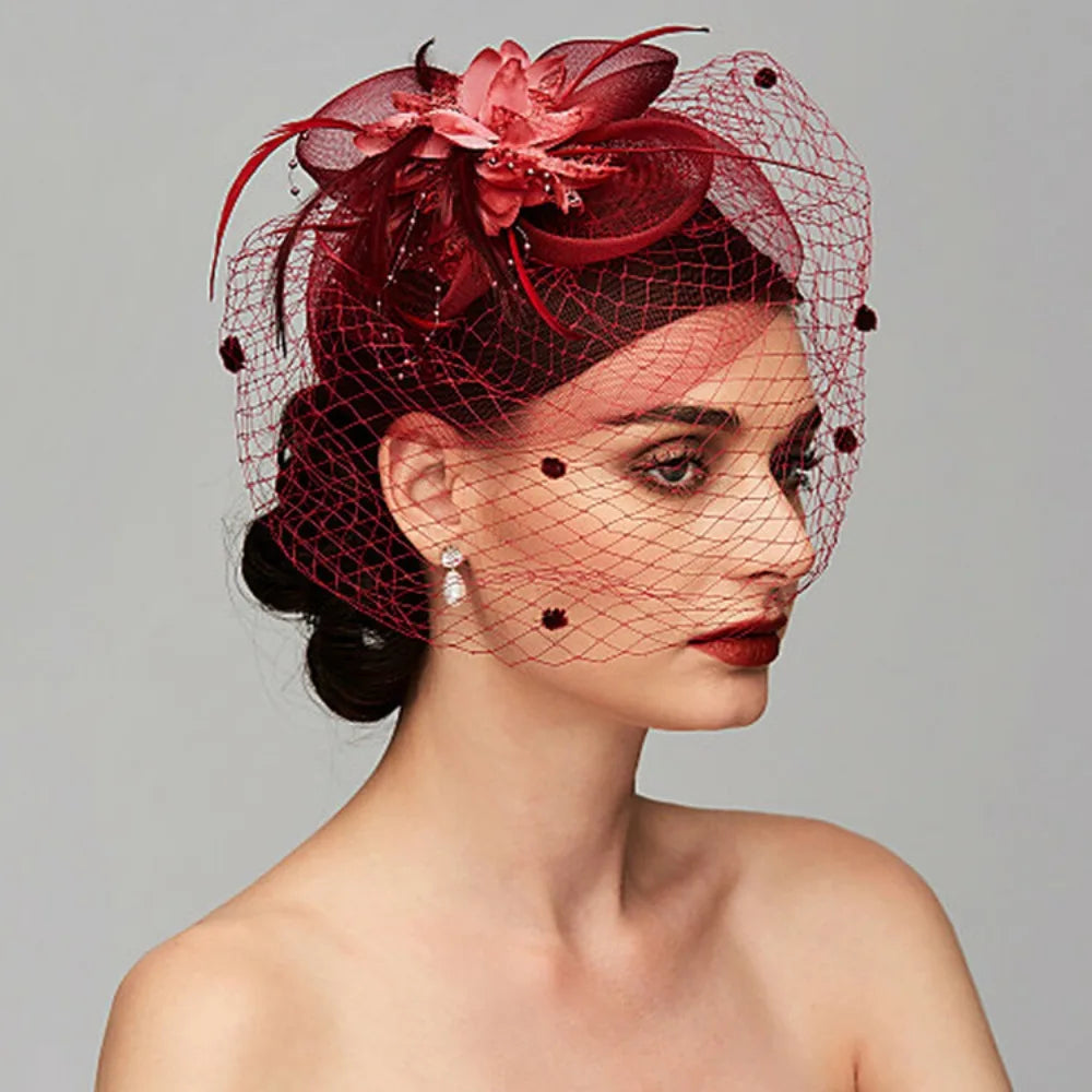 Elegant Birdcage Veil Fascinator with Flowers & Feathers – Women’s Wedding, Tea Party & Cocktail Headpiece