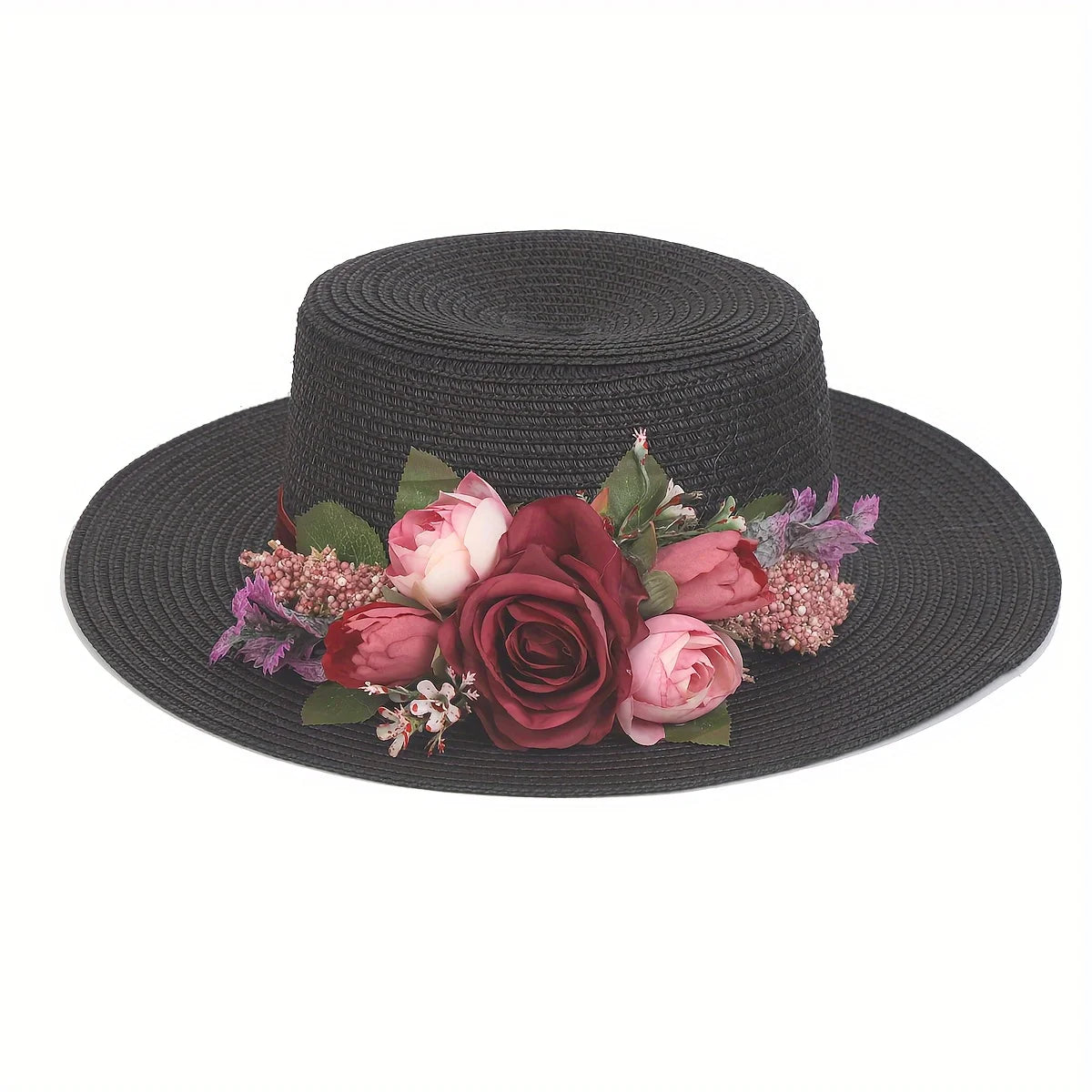 Elegant Straw Hat - Breathable, Sun-Protective, Solid Color Design with Delicate Floral -Top Fashion Accessory for Easter&Summer
