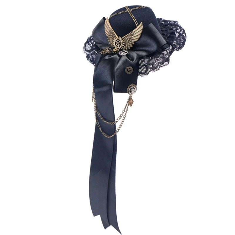 Elegant Steampunk Mini Top Hat Hair Clip – Chain & Bowknot Fedora Headpiece for Women, Masquerade, Cosplay, Party & Dress-Up Costumes