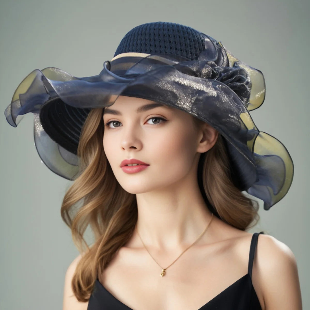 Elegant Women’s Summer Sun Hat – Breathable Foldable Organdy Hat with Woven Top & Flower Decoration
