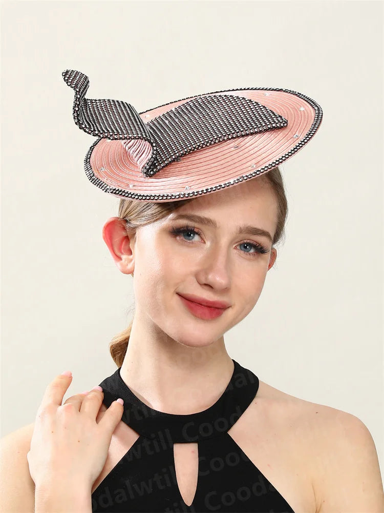 Chic Coral Rhinestone Fascinator Hat – Elegant Women’s Church & Race Event Headpiece with Headband for Parties