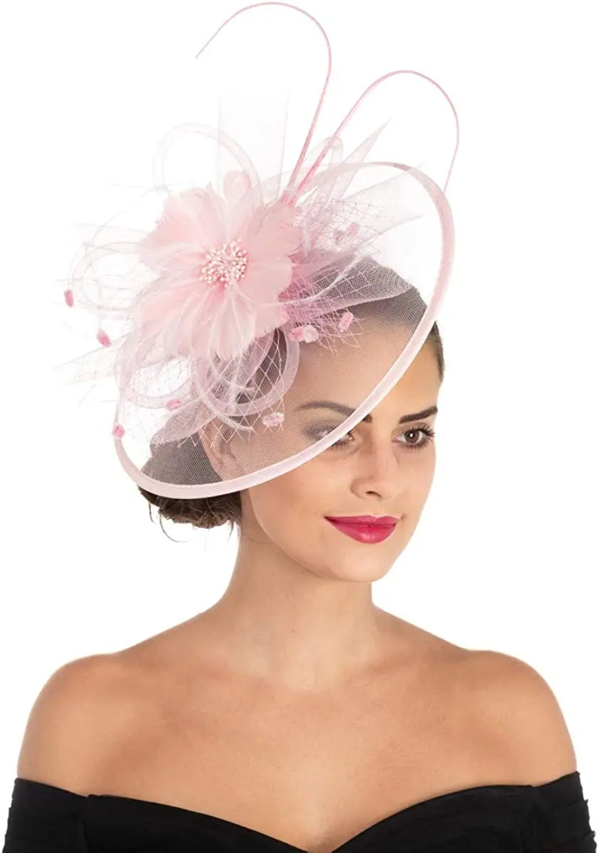 Women’s Fascinator Hat with Feather & Mesh – Alice Headband Hair Clip for Weddings, Cocktail Parties, Kentucky Derby & Tea Parties