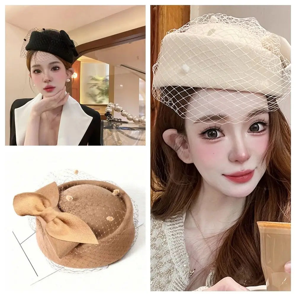 Elegant British Wool Fascinator Hat with Bow & Veil – Women’s Vintage Pillbox Hat for Weddings, Photography & Formal Events