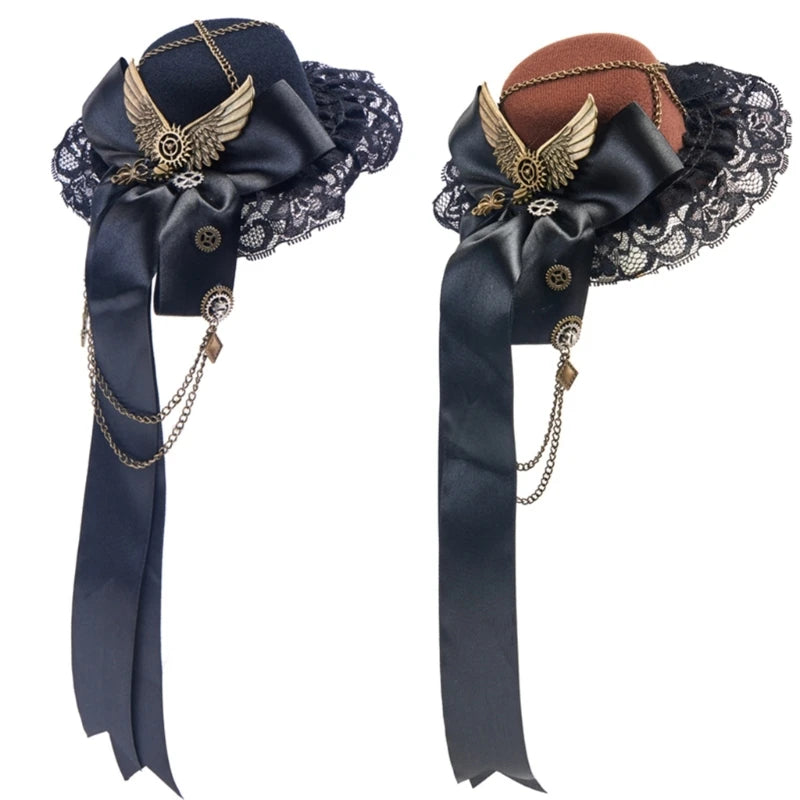 Elegant Steampunk Mini Top Hat Hair Clip – Chain & Bowknot Fedora Headpiece for Women, Masquerade, Cosplay, Party & Dress-Up Costumes
