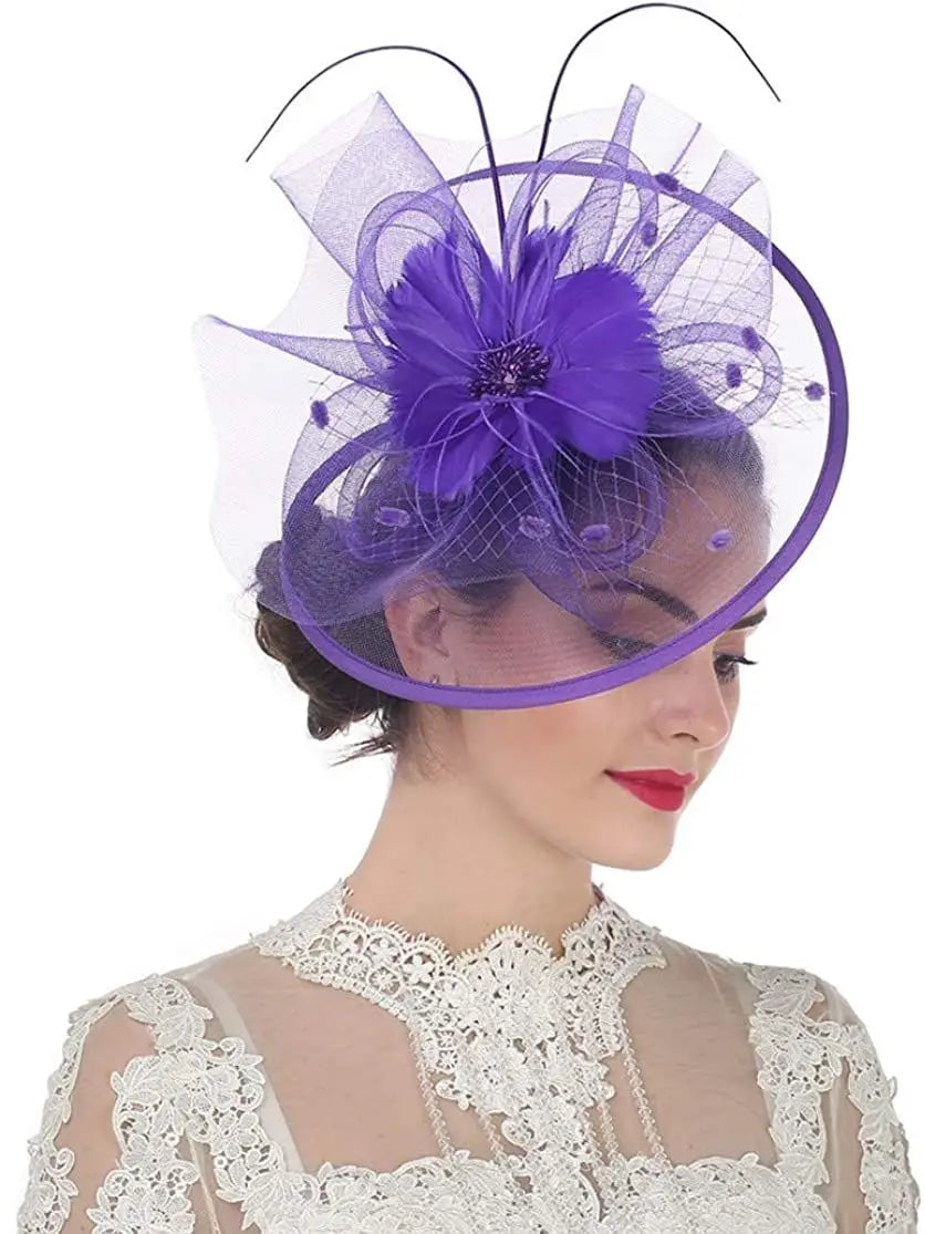 Women’s Fascinator Hat with Feather & Mesh – Alice Headband Hair Clip for Weddings, Cocktail Parties, Kentucky Derby & Tea Parties