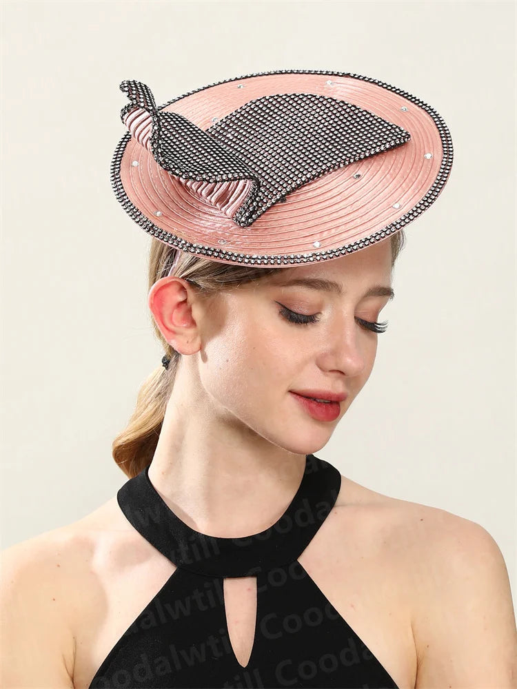 Chic Coral Rhinestone Fascinator Hat – Elegant Women’s Church & Race Event Headpiece with Headband for Parties