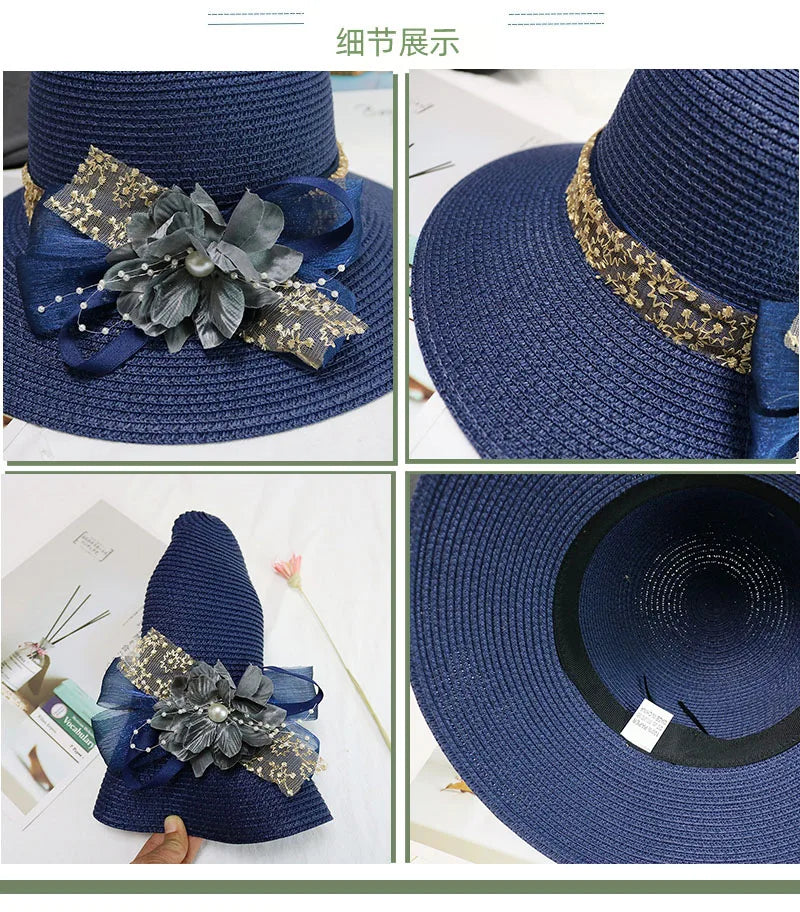 Fashion Women’s Summer Straw Sun Hat – Lace Bowknot & Flower Ribbon Flat Top Beach Bucket Cap Panama Style