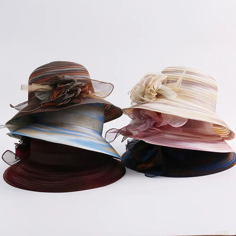 Women’s Summer Organza Sun Hat – Colorful Stripe Wide Brim Beach Hat with Floral Design, UV Protection
