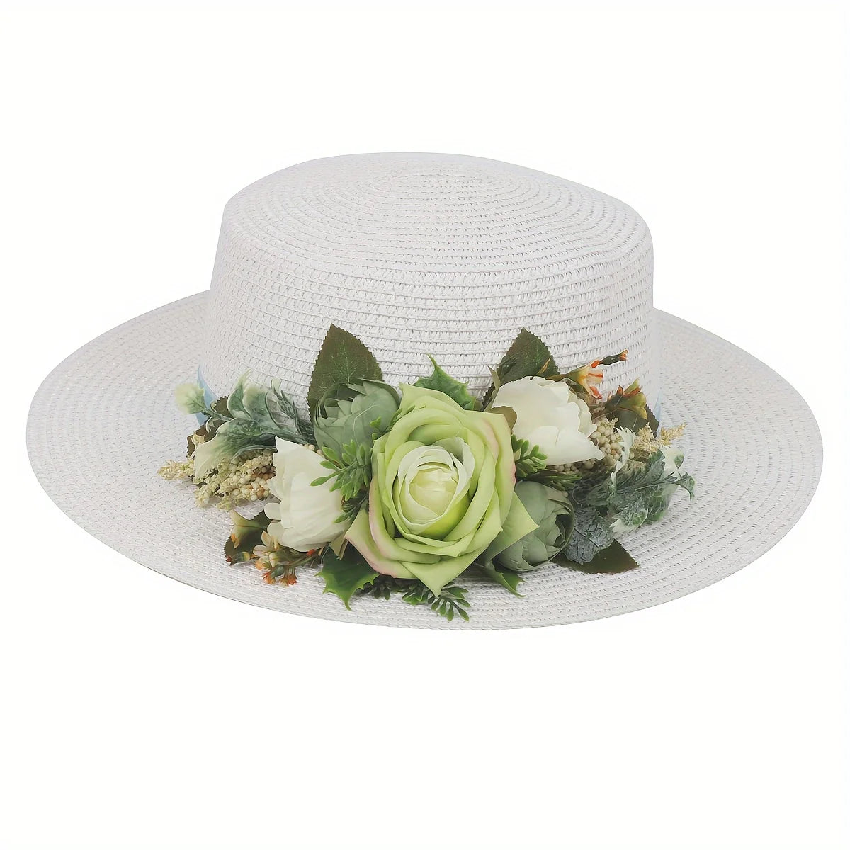 Elegant Straw Hat - Breathable, Sun-Protective, Solid Color Design with Delicate Floral -Top Fashion Accessory for Easter&Summer