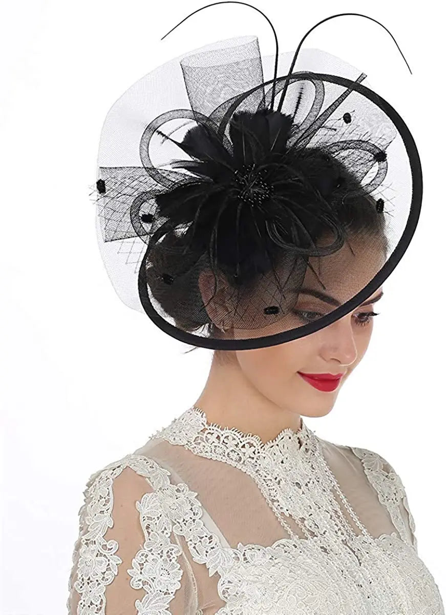 Women’s Fascinator Hat with Feather & Mesh – Alice Headband Hair Clip for Weddings, Cocktail Parties, Kentucky Derby & Tea Parties