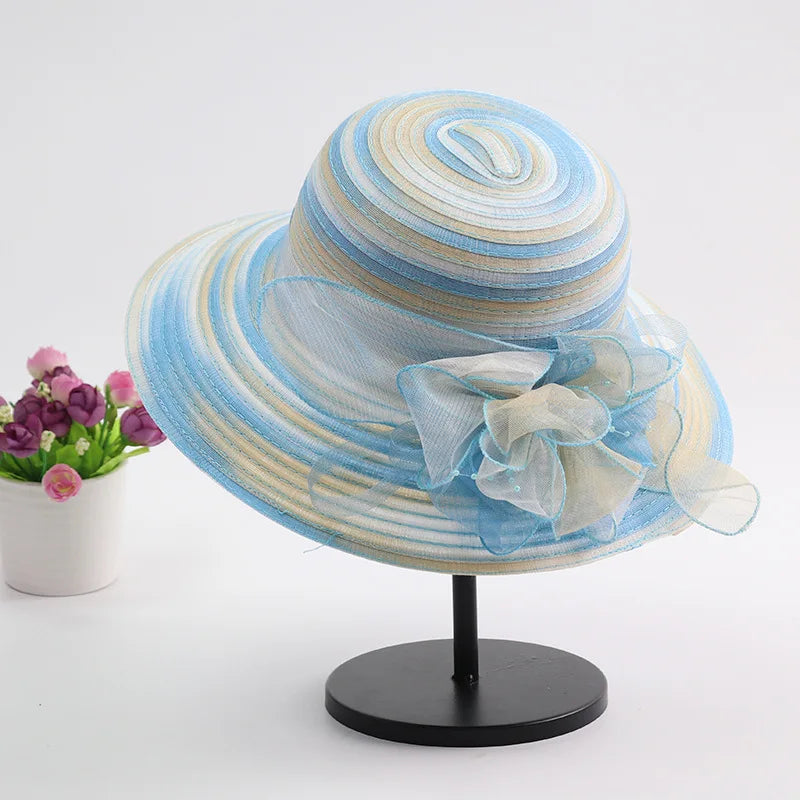 Women’s Summer Organza Sun Hat – Colorful Stripe Wide Brim Beach Hat with Floral Design, UV Protection