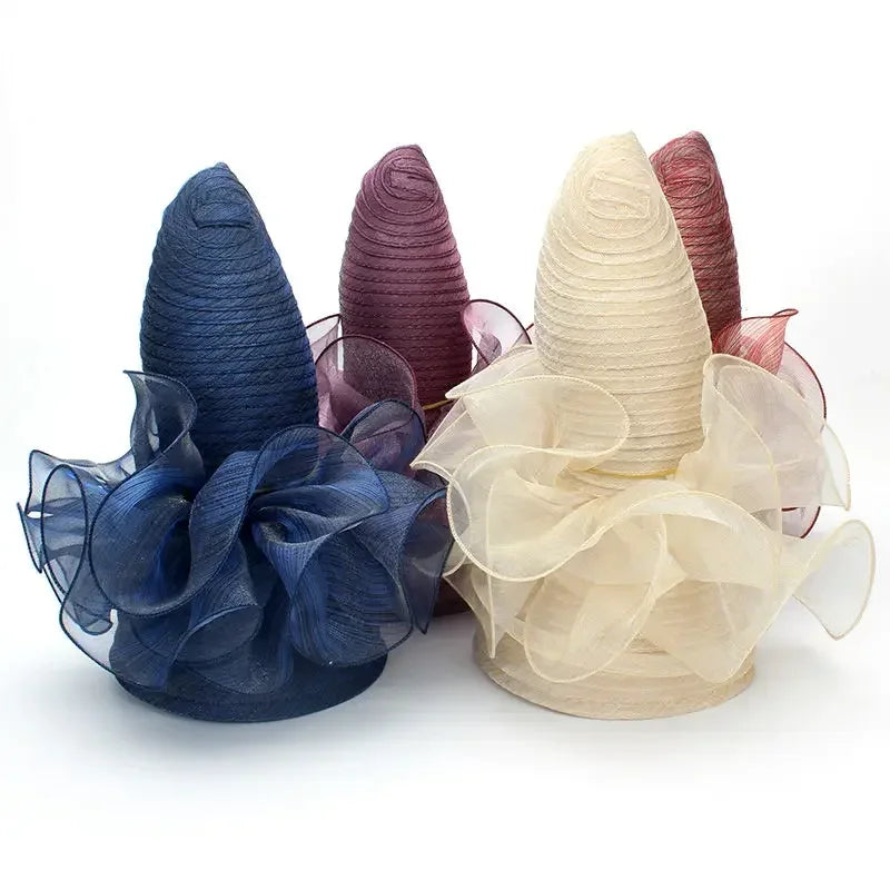 Women’s Summer Wide Brim Sun Hat – Elegant Organza Mesh Hat with Flower Decoration, Beach Vacation Sunshade Hat