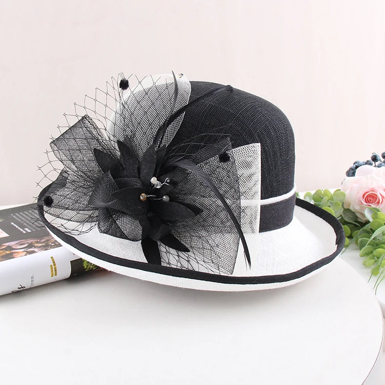 Elegant Summer Straw Hat for Women – Retro Curl Brim Sunbonnet with Flower, Outdoor Beach Sunshade, Party & Church Hat