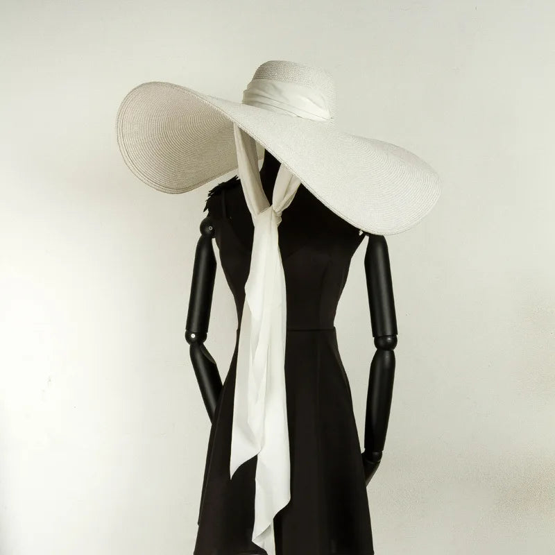 2025 Elegant Women’s Raffia Wide Brim Sun Hat with Long Ribbon – Oversized Dome Beach Hat for Travel, Vacation & UV Protection